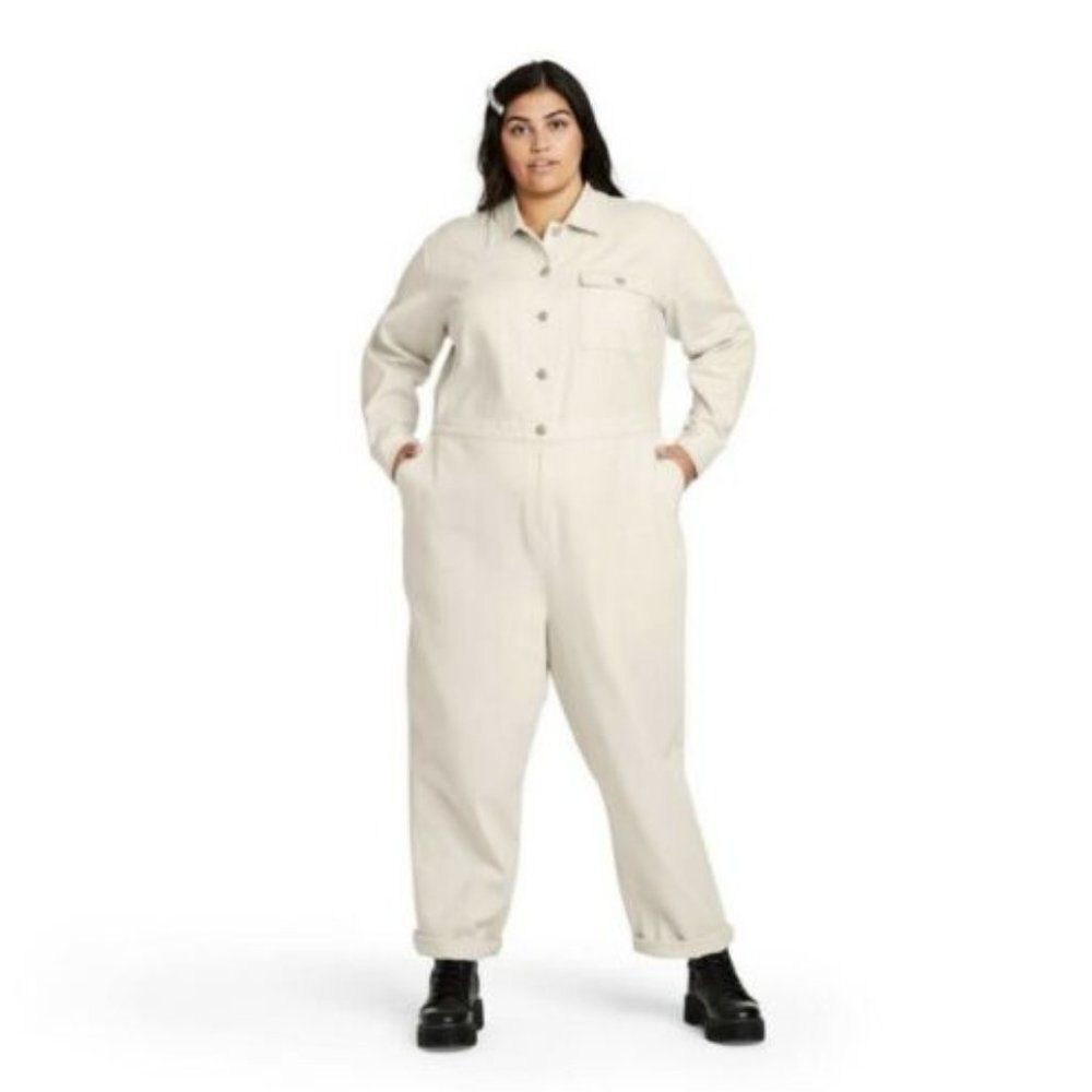 NWT Sandy Liang x Target Long Sleeve Retro Cream Denim Utility Jumpsuit 16W/18W